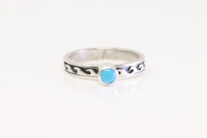 Native America Navajo Sterling Silver Water Wave Design Turquoise Ring By E.K.