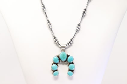 Native America Navajo Sterling Silver Kingman Turquoise Naja Pendant By Augustine Largo. With Pearl
