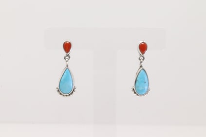 Native America Navajo Sterling Silver Coral & Turquoise Post / Dangling Earring's By Verley Betone.