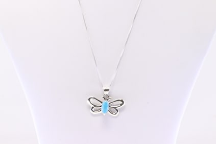 Native America Navajo Sterling Silver Turquoise Butterfly Pendant with A 925 Necklace By C.B.