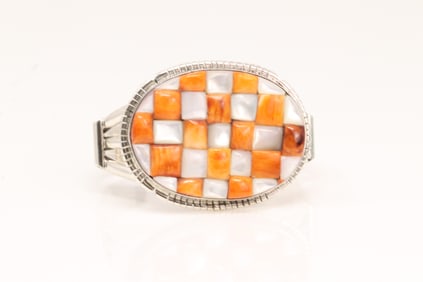 Native America Navajo Sterling Silver Spiny Oyster & White Stone Bracelet Cuff By S.E.