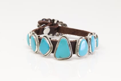 Native America Navajo Sterling Silver Turquoise Leather Bracelet By M.