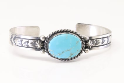 Native America Navajo Sterling Silver Turquoise Bracelet Cuff By R.E.