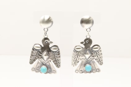 Native America Navajo Sterling Silver Turquoise Thunderbird Post / Dangling Earring's By Tim Yazzie.
