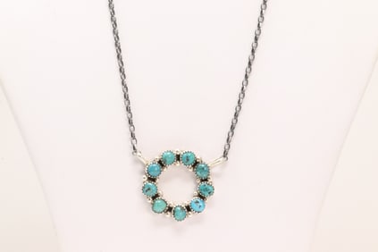 Native America Navajo Sterling Silver Kingman Turquoise Necklace By Maxine Ramirez.