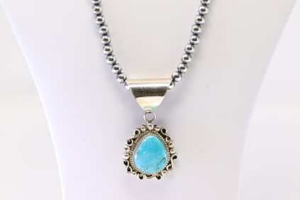 Native America Navajo Sterling Silver Turquoise Pendant By D.M. With Pearl Beaded Sterling Silver