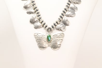 Native America Navajo Sterling Silver Sonora Gold Turquoise Butterfly Necklace By Raymond Yazzie.