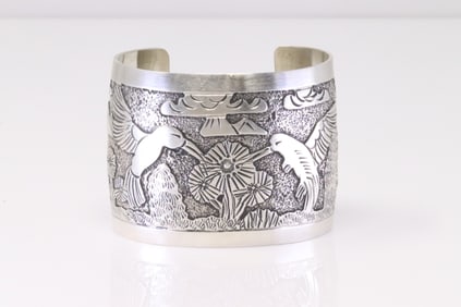 Native America Navajo Sterling Silver Storyteller Bracelet Cuff By Elaine Becenti.
