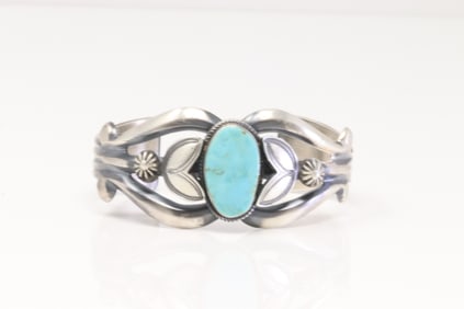 Native America Navajo Sterling Silver Turquoise Bracelet Cuff By Henrry Morgan.