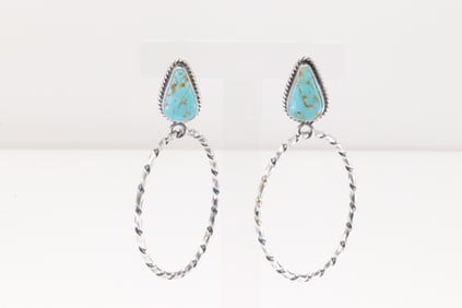 Native America Navajo Sterling Silver Kingman Turquoise Hoop Earring's By Elouise Kee.