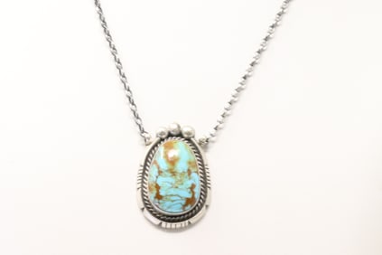 Native America Navajo Sterling Silver Kingman Turquoise Necklace By Brandon Etcitty.