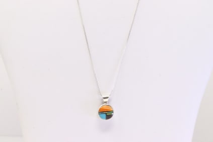 Native America Navajo Sterling Silver Multi-Color Stone Inlay Pendant / with 925 Neckalce.