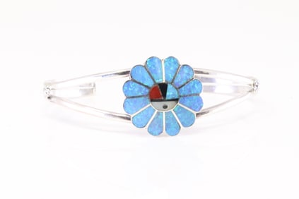 Native America Zuni Sterling Silver Multi-Color Inlay Sunface Bracelet By Burdian Soseeah.