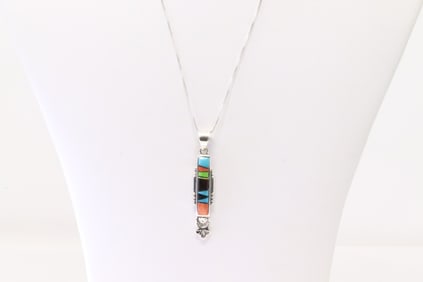 Native America Navajo Sterling Silver Multi-Color Inlay Pendant By B.S. with A 925 Necklace.