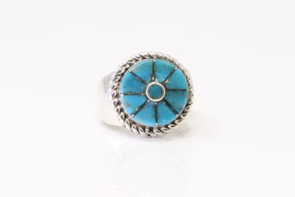 Native America Navajo Sterling Silver Turquoise Inlay Ring By A.N.