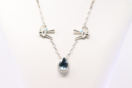 Native America Navajo Sterling Silver Blue Topaz &  Turquoise Teapot Necklace By R.B.