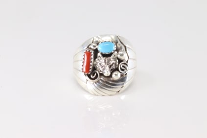 Native America Navajo Sterling Silver Coral & Turquoise Wolf Ring By G.