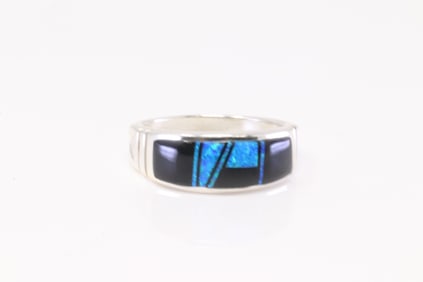 Native America Navajo Sterling Silver Black Onyx & Blue Opal Inlay Ring By Rick.
