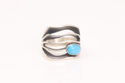 Native America Navajo Sterling Silver 5 Row Turquoise Ring By James Bahe.