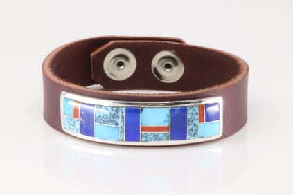 Native America Navajo Sterling Silver Multi-Color Stone Inlay Leather Bracelet By Edison Yazzie.