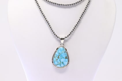 Native America Navajo Sterling Silver Kingman Turquoise Pendant By L.M.Y. With Pearl Beaded Sterling