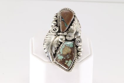 Native America Navajo Sterling Silver Turquoise Leaf Ring By M.Thomas Jr.