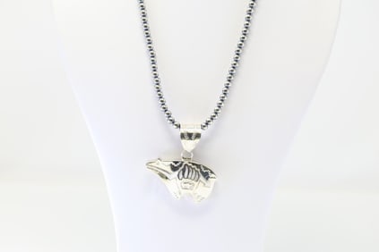 Native America Navajo Sterling Silver Bear Pendant By A.Mariano. With Pearl Beaded Sterling Silver