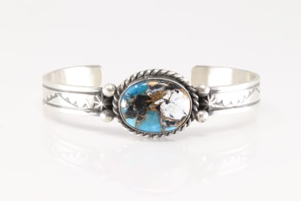 Native America Navajo Sterling Silver Turquoise Compressed Bracelet Cuff By Rick Enriquez.