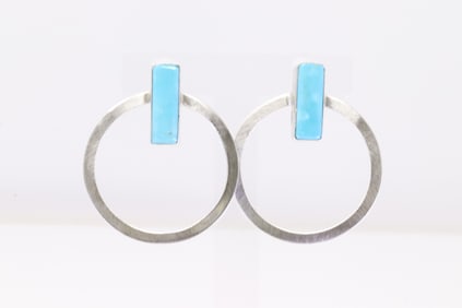 Native America Navajo Sterling Silver Kingman Turquoise Hoop Earring's By Elouise Kee.