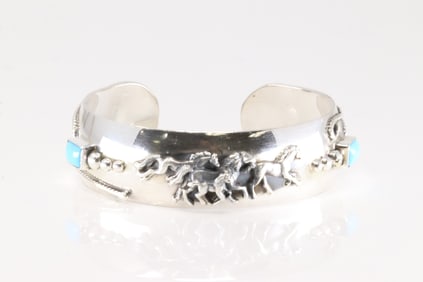 Native America Navajo Sterling Silver Turquoise Horse Bracelet Cuff By Bobby Platero.