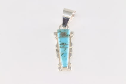 Native America Navajo Sterling Silver Number 8 Turquoise Inlay Pendant By Steve Francisco.