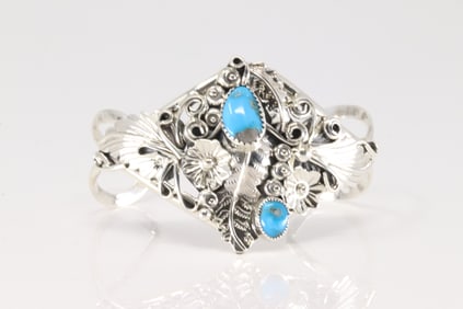 Native America Navajo Sterling Silver Turquoise Bracelet Cuff By H.B.Y.