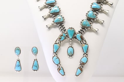 Native America Navajo Sterling Silver Kingman Turquoise Squash Blossom Necklace & Earring's Set By