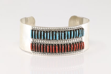 Native America Navajo Sterling Silver Coral & Turquoise Bracelet Cuff By Y.