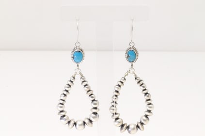 Native America Navajo Sterling Silver Turquoise / Pearl Beaded Dangling Earring's By Rena Begay.