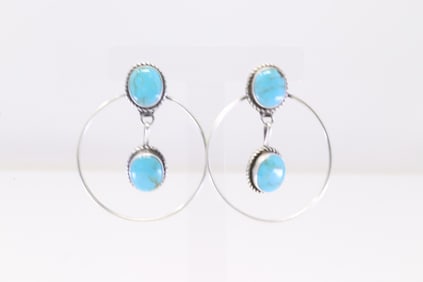 Native America Navajo Sterling Silver Kingman Turquoise Hoop Earring's By Judith Dixon.