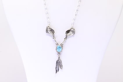 Native America Navajo Sterling Silver Turquoise Leaf & Feather Necklace By Verley Betone.