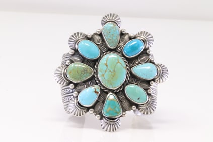 Native America Navajo Sterling Silver Kingman Turquoise Bracelet Cuff By Garret Hale.
