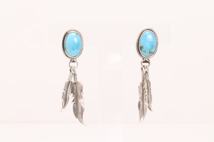Native America Navajo Sterling Silver Turquoise Post / Dangling Feather Earring's By Judy Largo.