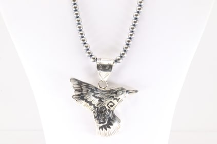 Native America Navajo Sterling Silver Hummingbird Pendant with Pearl Beaded Sterling Silver Machine
