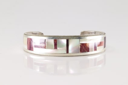 Native America Navajo Sterling Silver Purple Spiny Oyster & White Opal Bracelet Inlay By R.G.B.