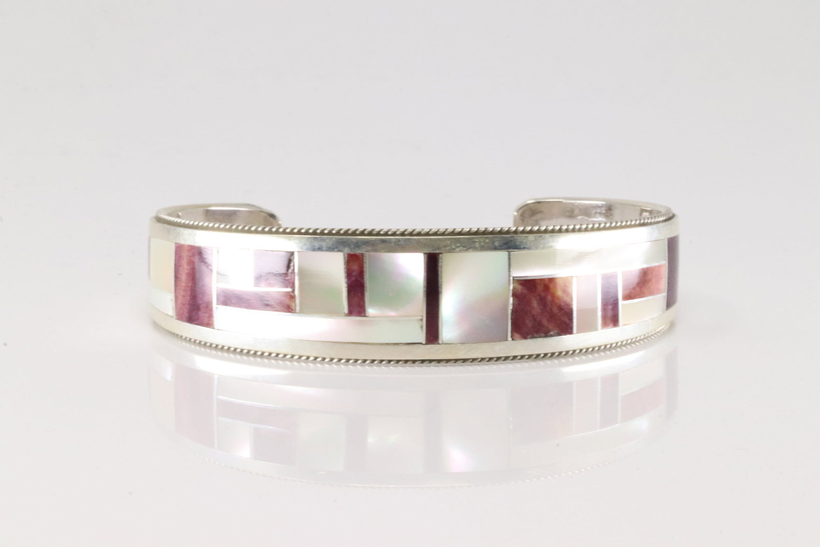 Native America Navajo Sterling Silver Purple Spiny Oyster & White Opal Bracelet Inlay By R.G.B. (1 of 4)