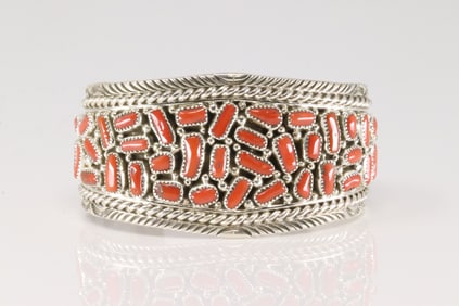 Native America Navajo Sterling Silver Coral Bracelet Cluster Cuff By M.J.