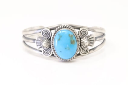Native America Navajo Sterling Silver Turquoise Bracelet Cuff By M.