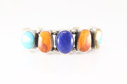 Native America Navajo Sterling Silver Multi-Color Stone Bracelet Cuff By A.L.