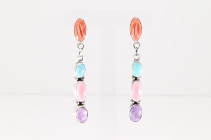 Native America Navajo Sterling Silver Multi-Color Stone Post / Dangling Earring's By Danny Henio.