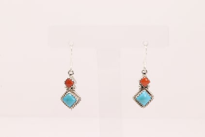 Native America Navajo Sterling Silver Coral & Turquoise Dangling Earring's By V.Betone.