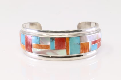 Native America Zuni Sterling Silver Multi-Color Stone Inlay Bracelet By R.G.B.