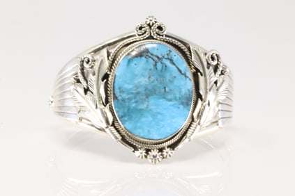 Native America Navajo Sterling Silver Turquoise Bracelet Cuff By Loretta Delgarito.