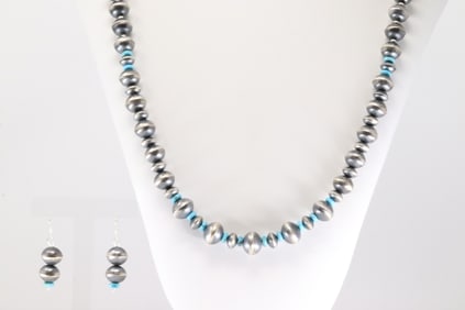 Native America Navajo Sterling Silver Turquoise& Pearl Beaded Necklace & Earring's Set.